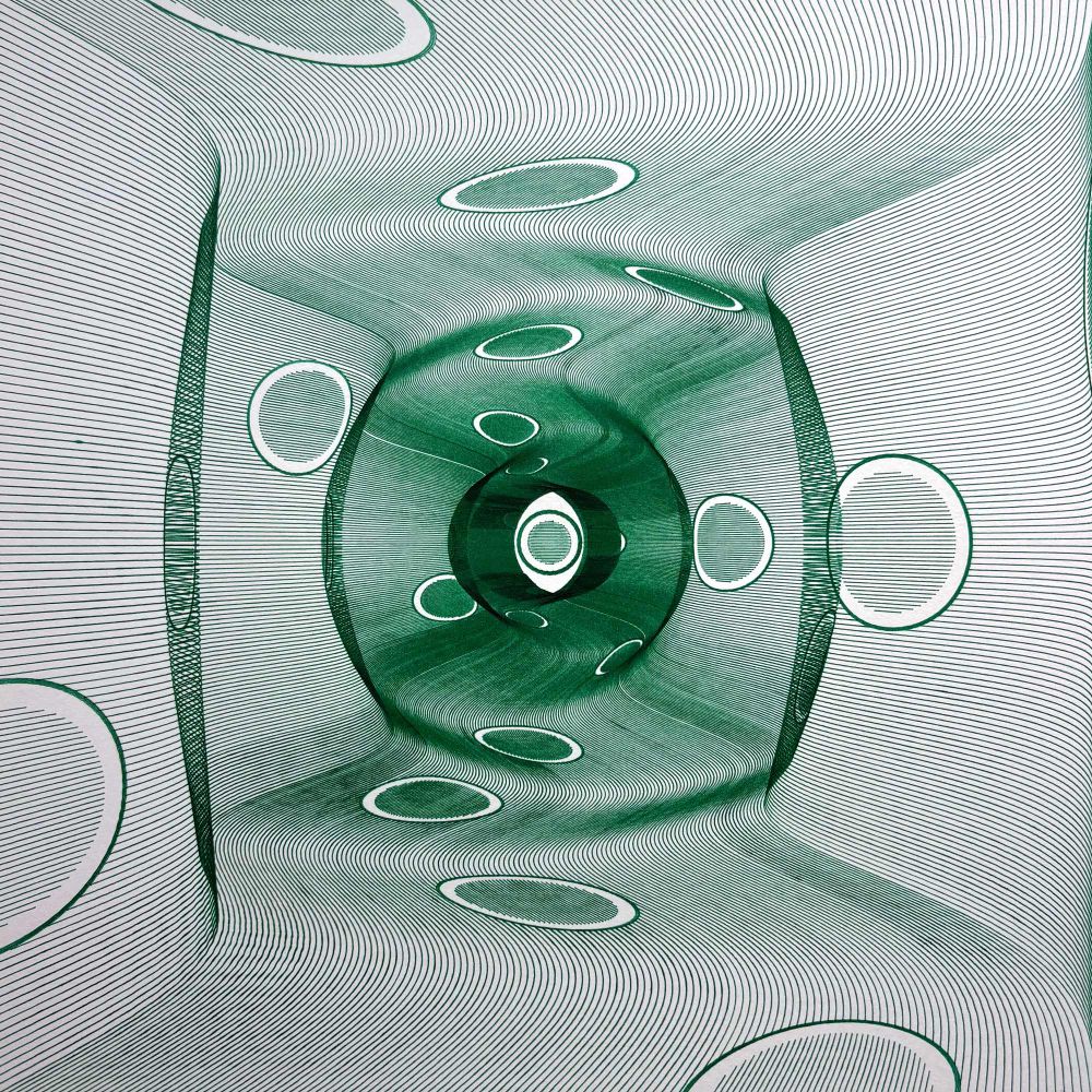 A plotter-based artwork featuring a tunnel-like structure composed of dense, warped green linework. The tunnel curves and bends in an organic, fluid motion, with concentric oval portals distributed across its surface. Deep shading creates the illusion of depth, compression, and motion, suggesting a living, breathing architecture that warps space and perception.