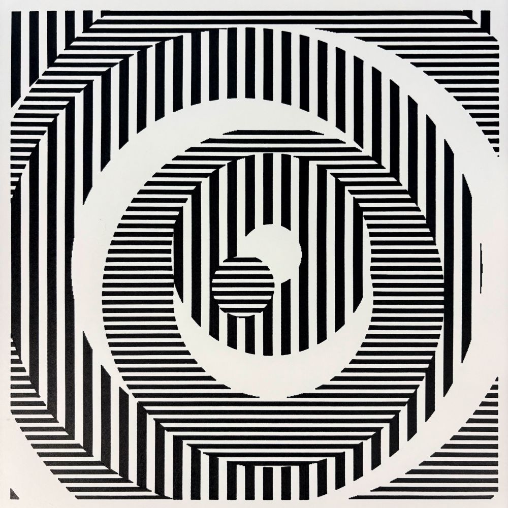 Black-and-white generative artwork of circles formed from alternating vertical and horizontal bars, and whitespace.