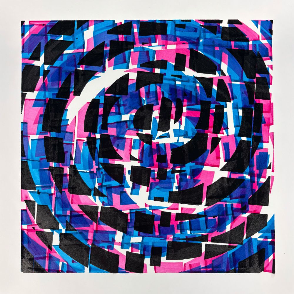 A square abstract artwork composed of concentric circular arcs intersected by overlapping rectangular and curved shapes. The palette consists of vivid cyan, magenta, and black, with layered transparencies producing purples and deep blues. The composition has a fragmented, rhythmic feel, with forms misaligned and layered.