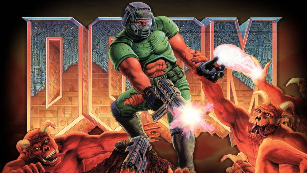 Widescreen artwork of the original DOOM. Large text, doom marine standing in front shooting at demons and being grabbed by one.