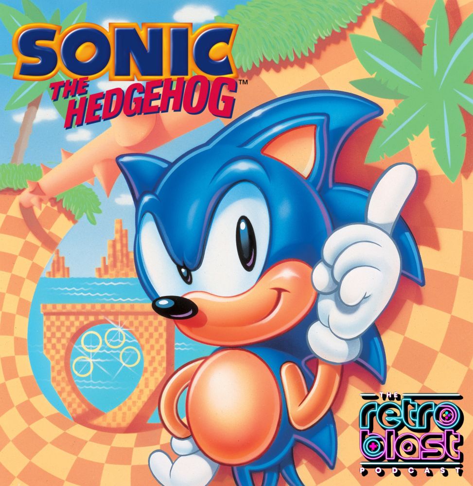 The Retro Blast Podcast cover art for the upcoming Sonic the Hedgehog episode, featuring classic Sonic standing in Green Hill Zone. 