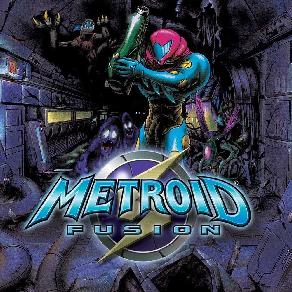 An image for Metroid Fusion that features Samus Aran in her Fusion suit in a dark hallway with creepy enemies swarming in behind her.