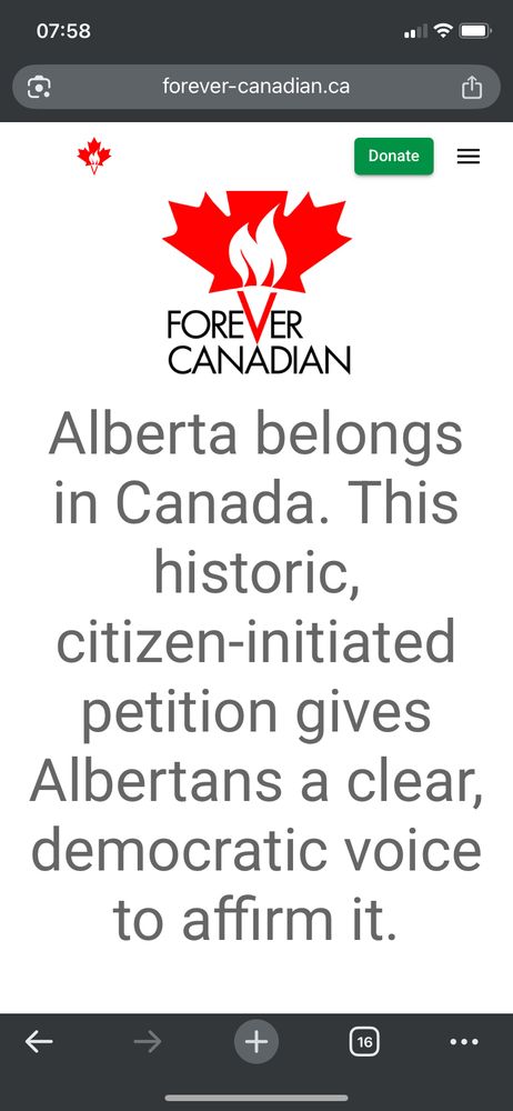 A screen grab of the forever Canadian website about page, with text: Alberta belongs in Canada. This historic citizen-initiated petition gives Albertans a clear democratic voice to affirm it. 