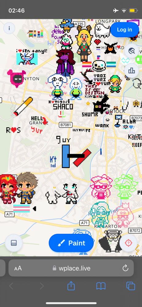 screenshot from wplace.live of various drawings on a map