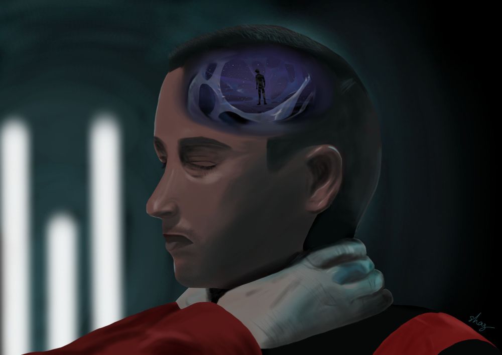 digital drawing. still from the paladin strait music video where nico has his hands around clancy's neck, who's stood still, eyes closed. there are neon lights in the background, emitting a blueish glow. inside clancy's head is a still from arcane. viktor's silhouette is stood, head down, surrounded by arcane webs in a purple/blue space with stars.