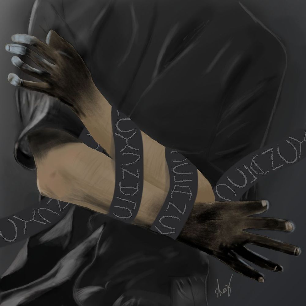 drawing of tyler, shoulders to waist, in a black shirt, arms crossed over each other, hands covered in black paint, and the clancy stole wrapped around his arms.