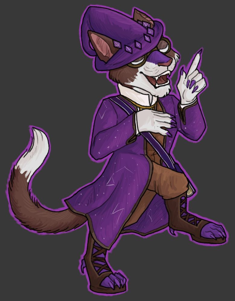A brown and white-furred taxabi - anthro feline - is talking enthusiastically while engaged in a very memorable walk. He has one hand raised and one pressed to his chest, and his eyes are closed as he is chatting. He is wearing a brown waistcoat and pair of trousers, and dark brown boots adapted to purple-furred paws. He has a white shirt and a long purple coat with a pinkish hue, decorated with stars. His hat has hovering purple crystals at the front.