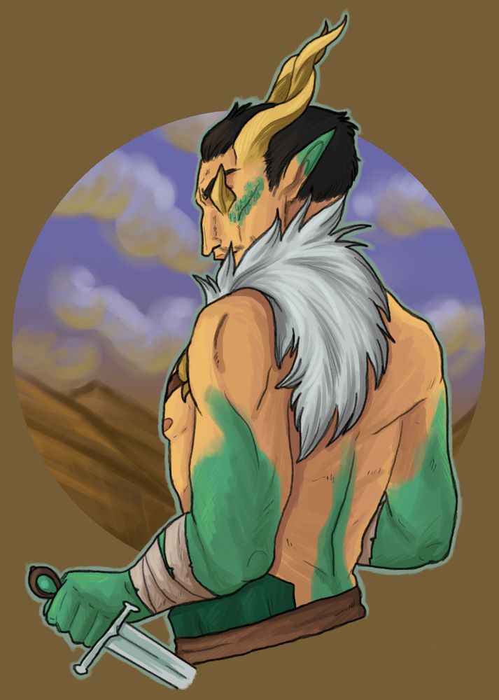 A man with pale bronze skin wearing a garment with a fur mantle is looking to one side, with a background of cloudy skies and hills. He has a horn protruding to cover his left eye, and pointed ears. He has tall spiralling horns. He has green scales on his arms and partially up his back, and is carrying a dagger. Waist-up. 
