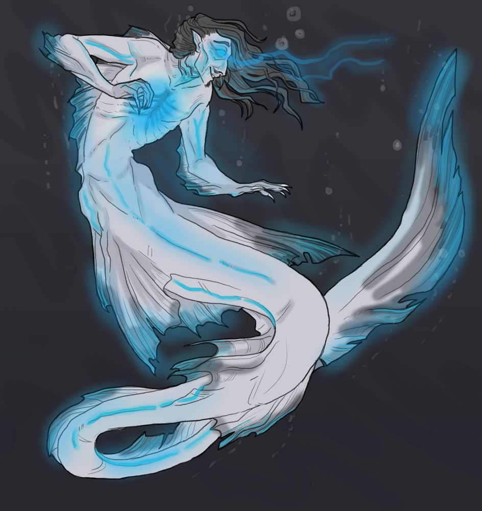 A sea-wraith, a death mermaid. A variation of Castrillan the undying mortician. His form is long and somewhere between that of an eel and a serpent, ending in fins that appear like see-through glass with subtly glowing blue edging. His chest is partially transparent to show his heart and darkened bones, and his eyes glow blue as well. He has long claws and fins along his sides, back, and forearms. His hair is long and medium grey, and he has his standard short moustache and soul patch. He is swimming in dark water.