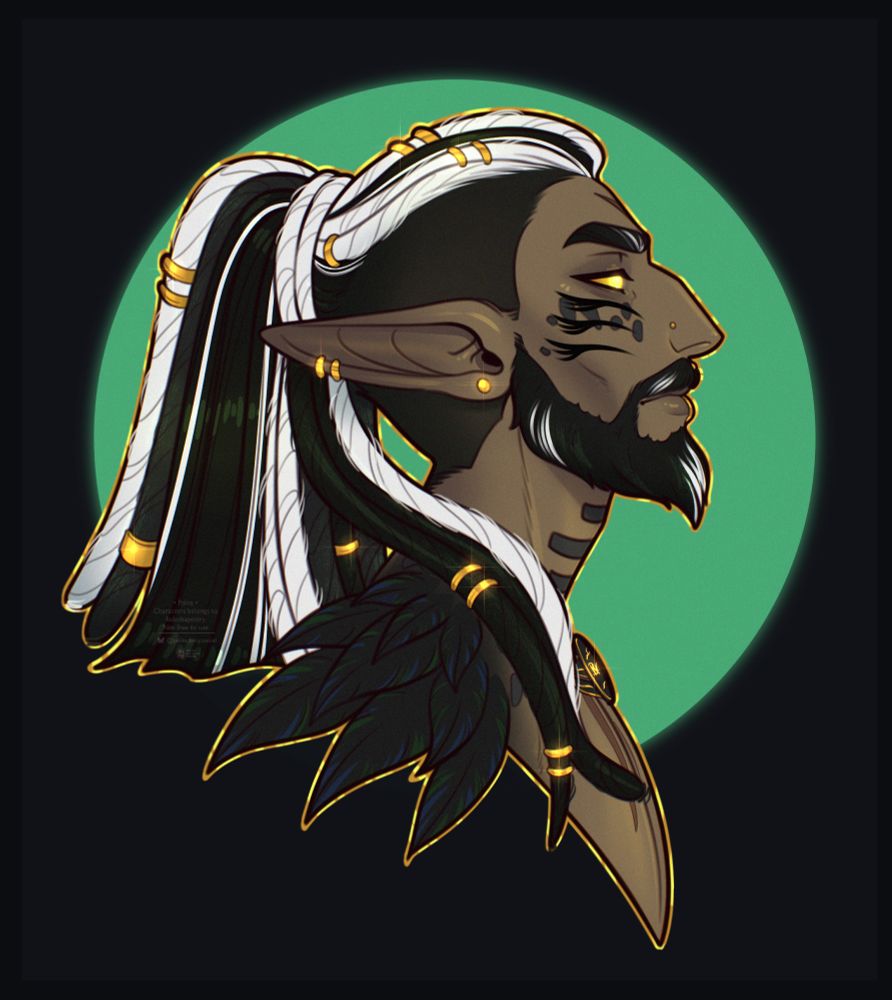 Profile. Sidelong view. Yuan-ti. Man with a medium tanned olive skin tone with long elven ears and scarring on his face. He has black and dark grey scales. His hair is black, dark grey, and white. Some of his hair is in dreadlocks. His eyes are pupiless with a black edge. He has three pairs of stylised black wings on his cheekbones. He wears golden rings in his hair and has gold piercings. He has a slightly crooked aquiline nose. At his shoulders, he has a mantle of black feathers with blue and green iridescence. At his neck, he wears a gold and black pendant. He has grey and white in his moustache and short beard.
