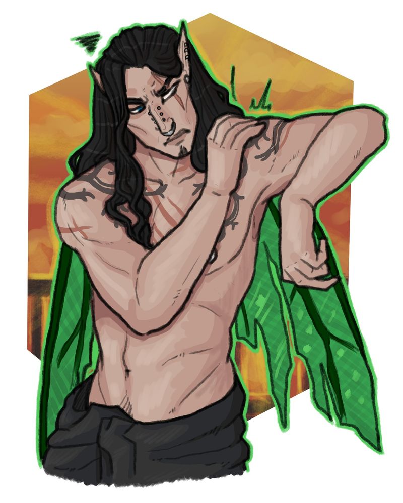 A man who looks half-elven is rubbing at his left shoulder and upper arm in pain. He has pale skin with scarring, and an ornate vine and ivy-like tattoo over his upper chest, arms and shoulders. He has tattered green shimmering wings. His nipples are pierced, and he also has piercings in his nose. His left eye has a scar through it, and is milky white. His left eye is blue. His hair is long and dark. A dark towel is worn around his hips.