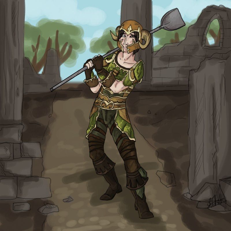 A young man wearing green, tan and dark brown leather armour is carrying a shovel and sneaking through some crumbling stone ruins. He is wearing an orange-tan helmet with horns. 
