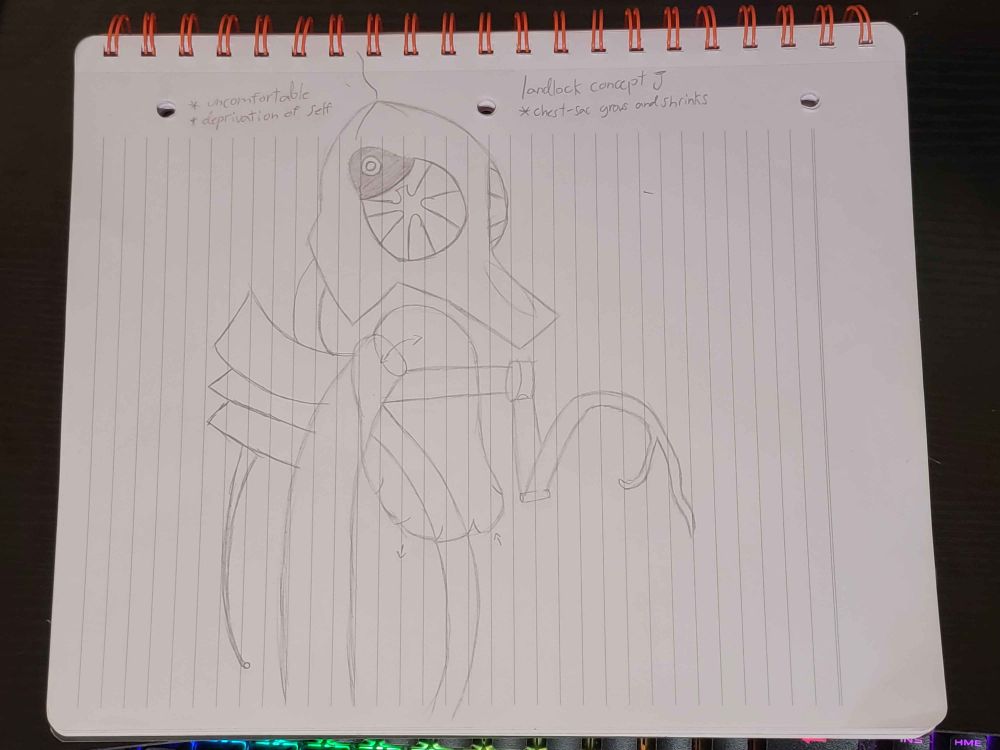 rough concept sketch of a mangled monster with an asymmetrical body and plenty of hanging organic material