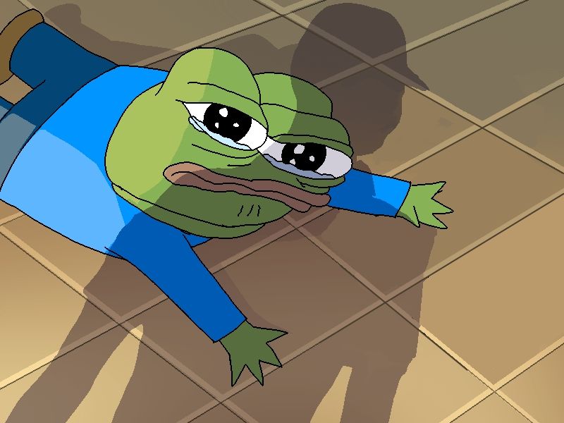 POV: the funni lil meme frog feller (Pepe) flopped onto his belly and looking up, with tears in his eyes at you. The implication is that he tripped and your shadow is cast over him in intimidation.