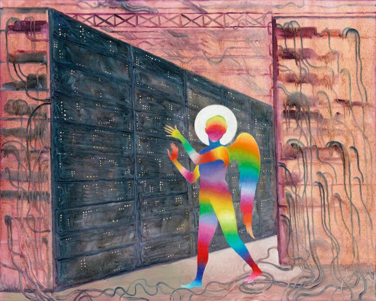 artwork by Hortensia Mi Kafchin titled “Angel in the Server Room.” A being with wings and a white halo, and made of prismatic light like a rainbow from head to toe, stands in a computer server room. the equipment is painted with dark strokes over a pinkish background. there are many wires and servers with small lights.