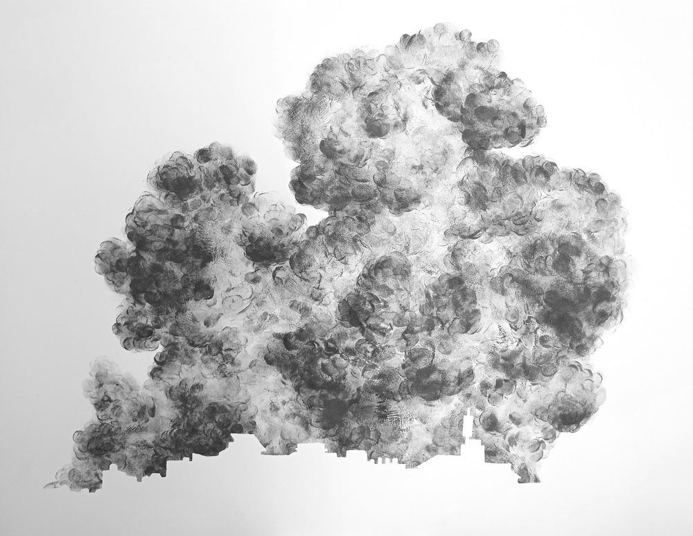 Malemort, dessin à l'encre uniquement constitué d'empreintes de doigts. Tristement inspiré des bombardements à Gaza : nuage de fumée avec toits de ville en forme négative 