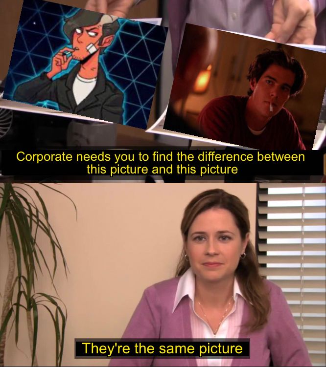 Meme da Pam de The Office falando "corporate needs you to find the difference..." com uma foto do Johnny Spells de Dimenson 20 e do Bobby de Twin Peaks