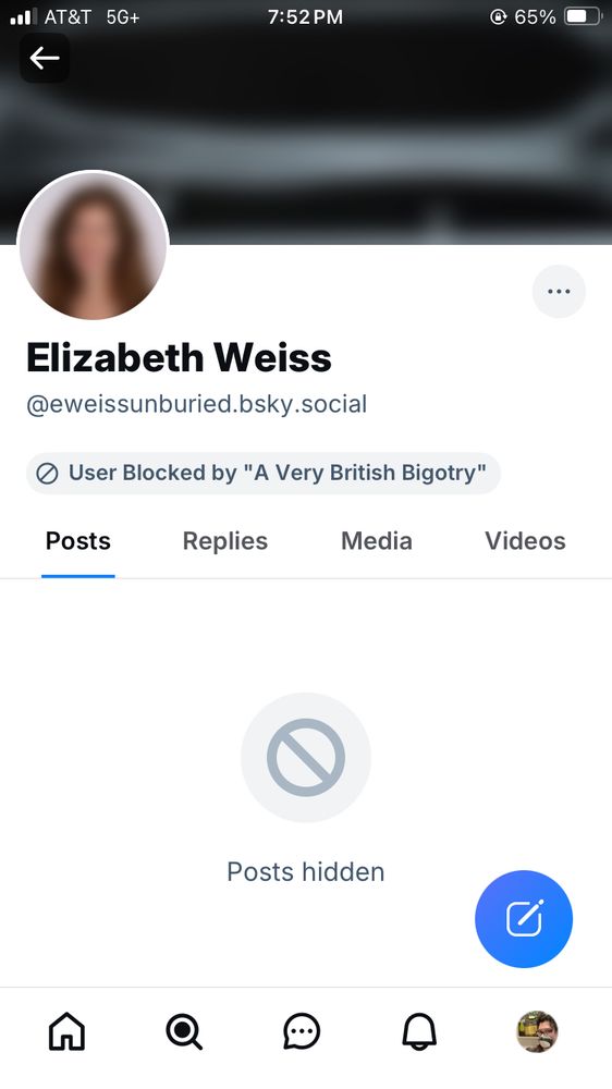 Screenshot of @eweissunburied.bsky.social blocked from my view by a blocklist called “A Very British Bigotry”