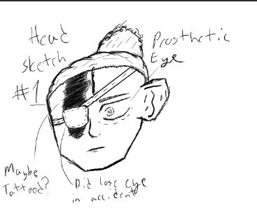 A head sketch for a potential oc w little notes abt potential lore 