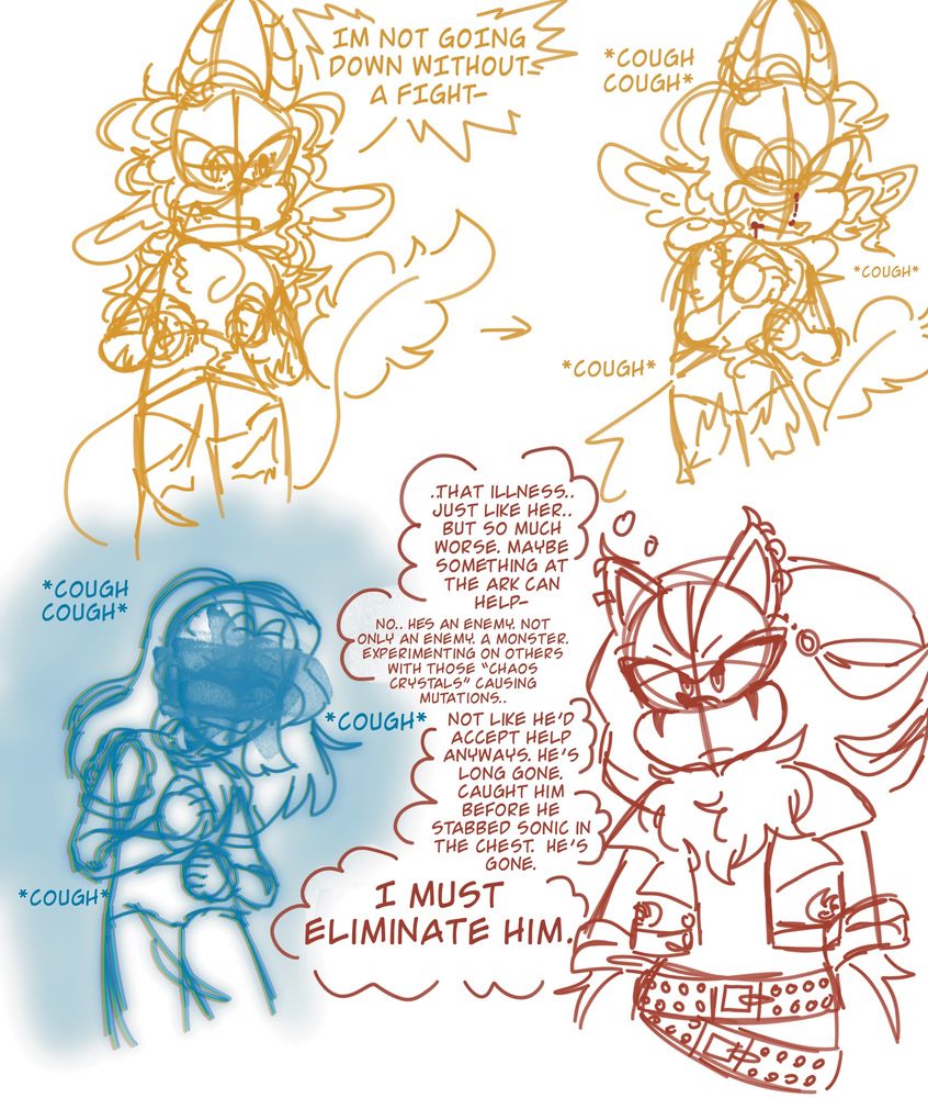 My oc alias a goat mobian is sickly with mutations causing his horns to be much larger and his tail longer. He had streaks in his hair and his clothing is damaged. He lost sight in his left ear. He says “I’m not going down without a fight” towards knuckles but then coughs out blood. Shadow sees him as Maria who was also ill. He thinks “that illness just like her but so much worse maybe something at the ark can help no he’s an enemy not only an enemy a monster experimenting on others with those “chaos crystals” causing mutations not like he’d accept help anyways he’s long gone caught him before he stabbed sonic in the chest he’s gone. I must eliminate him” 