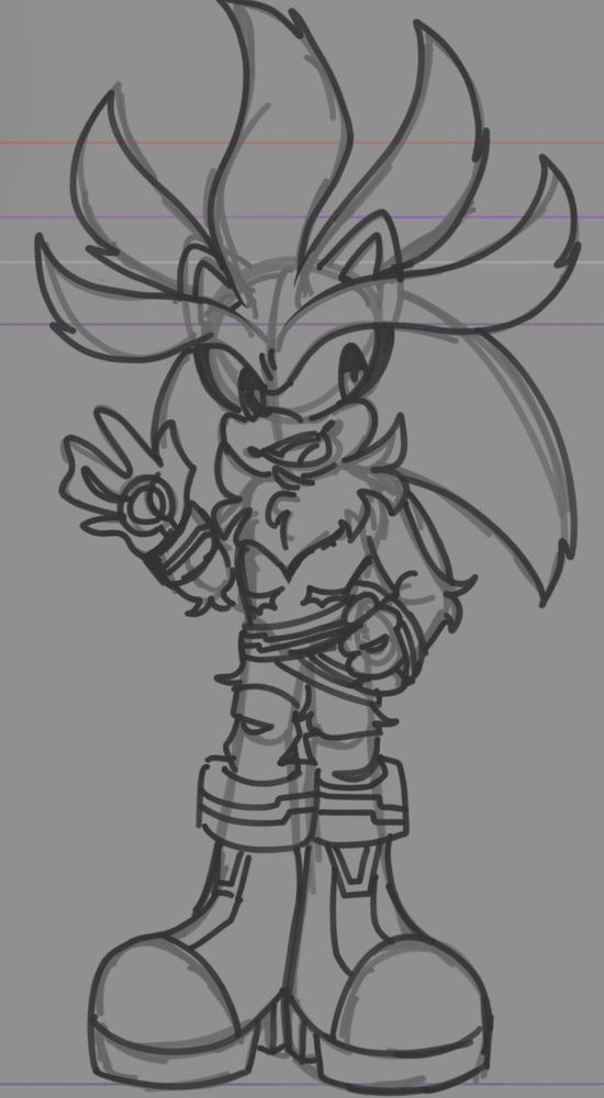 Sliver the hedgehog sketch in grey HES pretty much the same but has top surgery scars, higher boots, 2 belts one slightly slanted downwards. And leg warmers. 