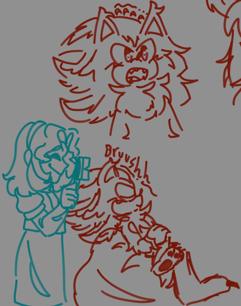 A younger fluffer shadow on top in red showing odd his teeth 
Younger Shadow on the bottom in red getting his hair brushed by Maria 