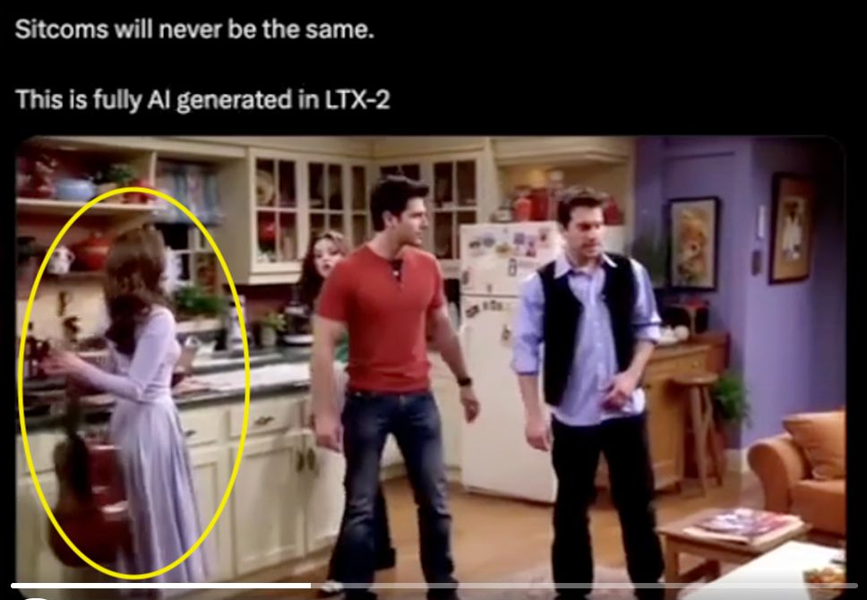 Screenshot of a fake AI sitcom.  There's a generic living room, two generic men, and a monster with breasts on her back and arms facing the wrong way.