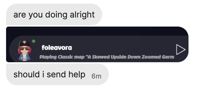 text "are you doing alright", then a picture of my geoguessr avatar with "playing classic map 'a skewed upside down zoomed germany'" next to it, then another text "should I send help"