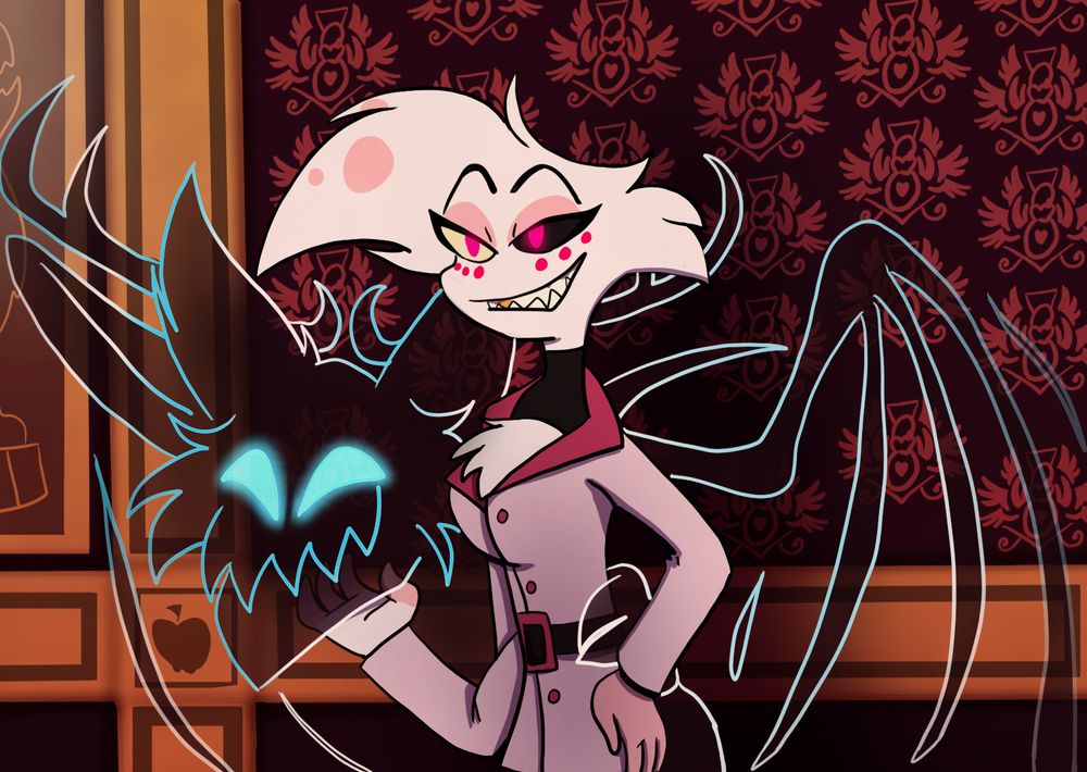 Alastor's shadow (who has skeletal wings in this AU) getting his chin scritched by Angel who's in a pretty pink coat and black belt
This actually is from the end of the AU's story post Alastor getting exiled from Heaven and getting his wings chopped off. He learns how to make his Shadow and it's got the wings he now lacks