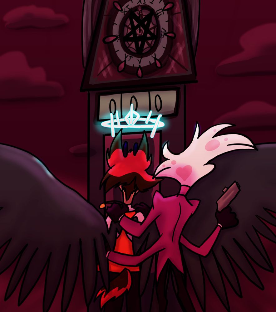 Exorcist!Alastor and Angel Dust standing ready to face the horrors of the next Extermination in front of the clock tower (back in it's 2019 design) Alastor's dressed in a little shirt and vest and Angel's in his mafia attire
This piece I did for a Radiodust event where the prompt was "Anniversary" 