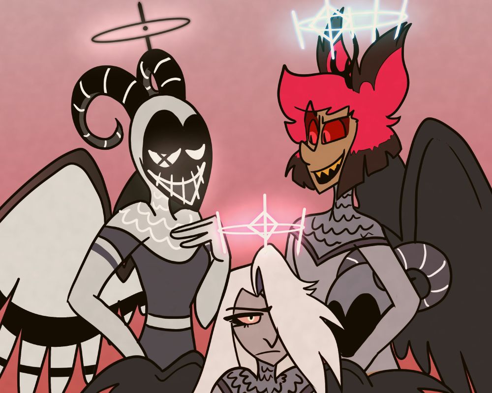 Group picture of three Exorcist friends: Alastor, Lute and Vaggie. Vaggie looks annoyed currently being bothered by her two gremlin friends and coworkers

Yep! I'm so proud to be a Vaggie was an Exorcist Truther HAHA I love it
Oh gosh when I got Lute and Adam's designs I just about went feral with the idea of THEM as besties