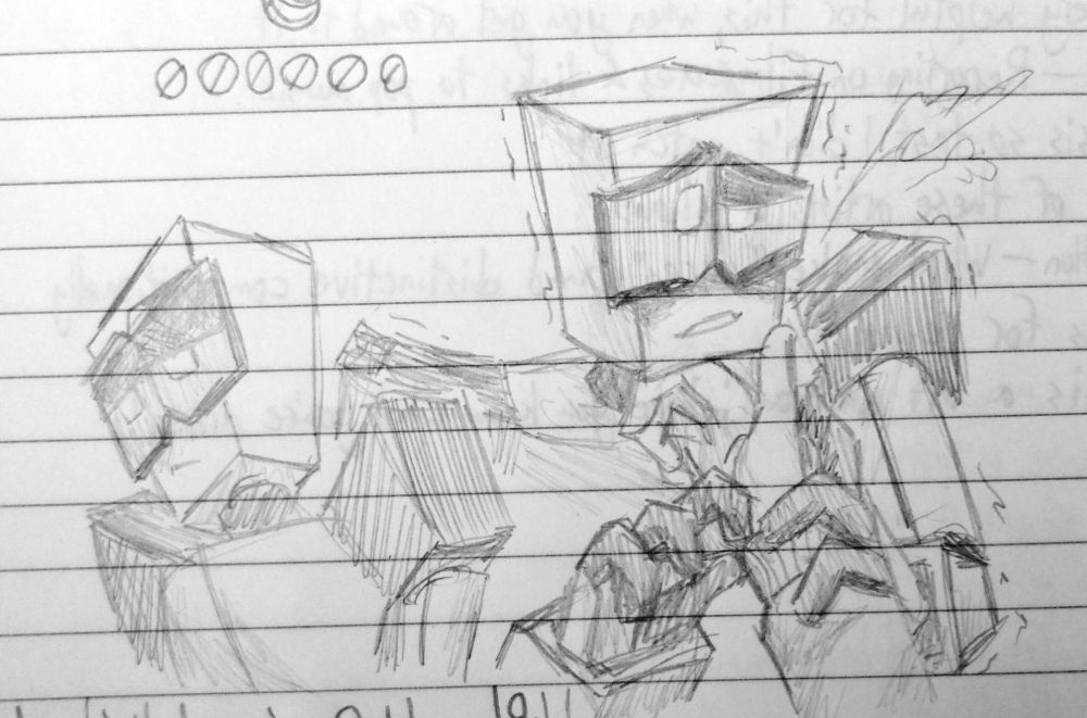 Two sketches of Cast. The left shows him alone and bored, the right shows his reaction to someone cupping his chin. He's clutching their arm and quivering like a leaf, biting his lower lip with his eyes crossed. 