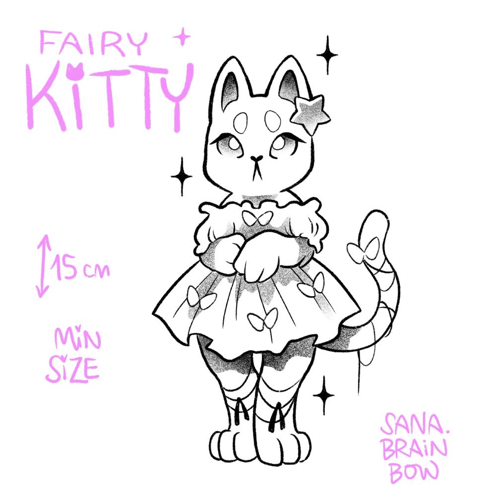It is a digital lineart drawing of a cartoony cat on their hind legs, with melancholic facial expression, wearing a fluffy dress with butterfly shaped ornaments and they have a little star shaped headdress