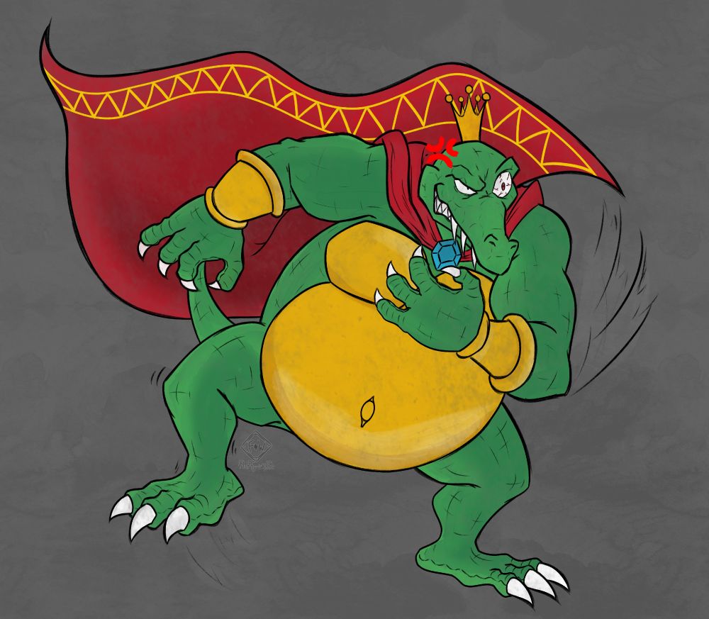 A digital sketch drawing of King K. Rool from the Donkey Kong series. K. Rool is shown swiping his left arm forward, as if he were trying to grab someone or something, but he missed his grab and now he lost his balance as he is standing on one foot with the other hanging in the air slightly. He looks pretty angry about whiffing that grab.