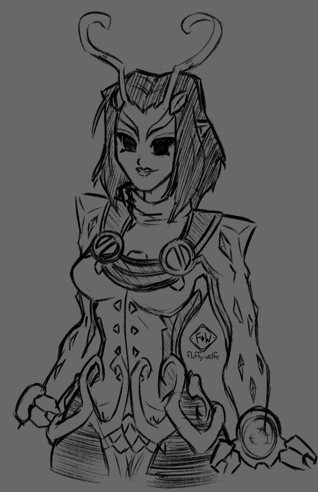 A black and white digital sketch of Mantis from Marvel's Guardians of the Galaxy, specifically as her Marvel Rivals depiction.