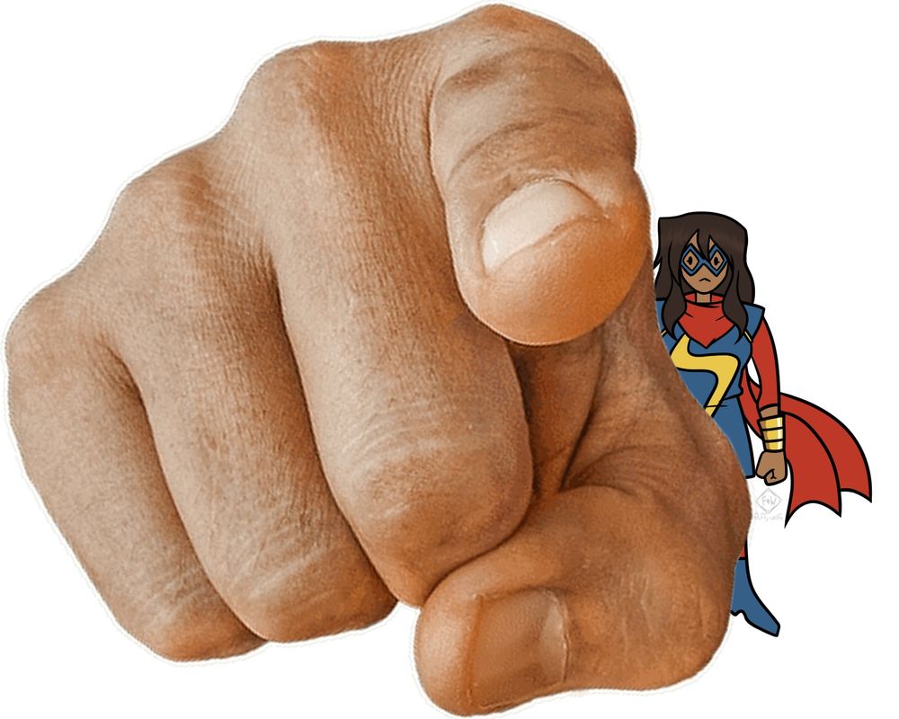 A digital drawing of a small Ms. Marvel (Kamala Khan) recreating the Plastic Man pointing meme as she stands upright while a huge real dark skinned hand is pointing directly at the screen towards the viewer.