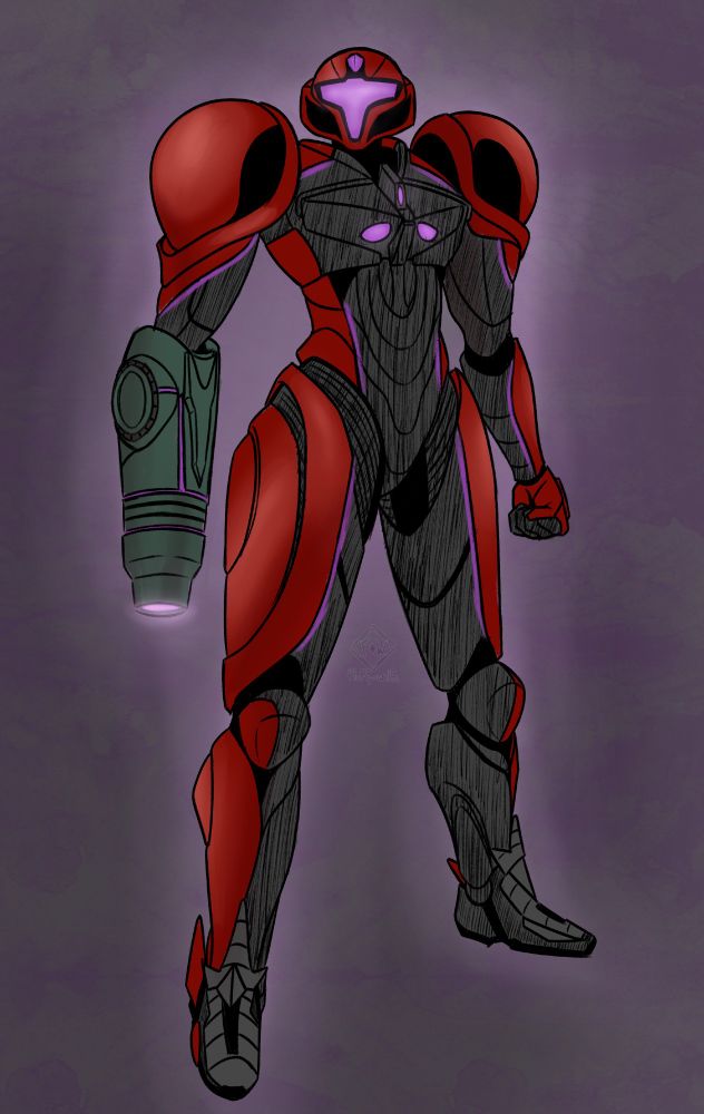 A digitally colored sketch of Samus Aran from the Metroid series, specifically wearing her brand new red, purple, and black power suit from the Metroid Prime 4 trailer that was revealed in the Nintendo Direct on 3/27/2025. Samus is shown standing firm and upright while looking slightly up, as if she were looking at something in the distance. The pose is meant to be a reference to Samus' pose in the first Metroid Prime's North American box art.