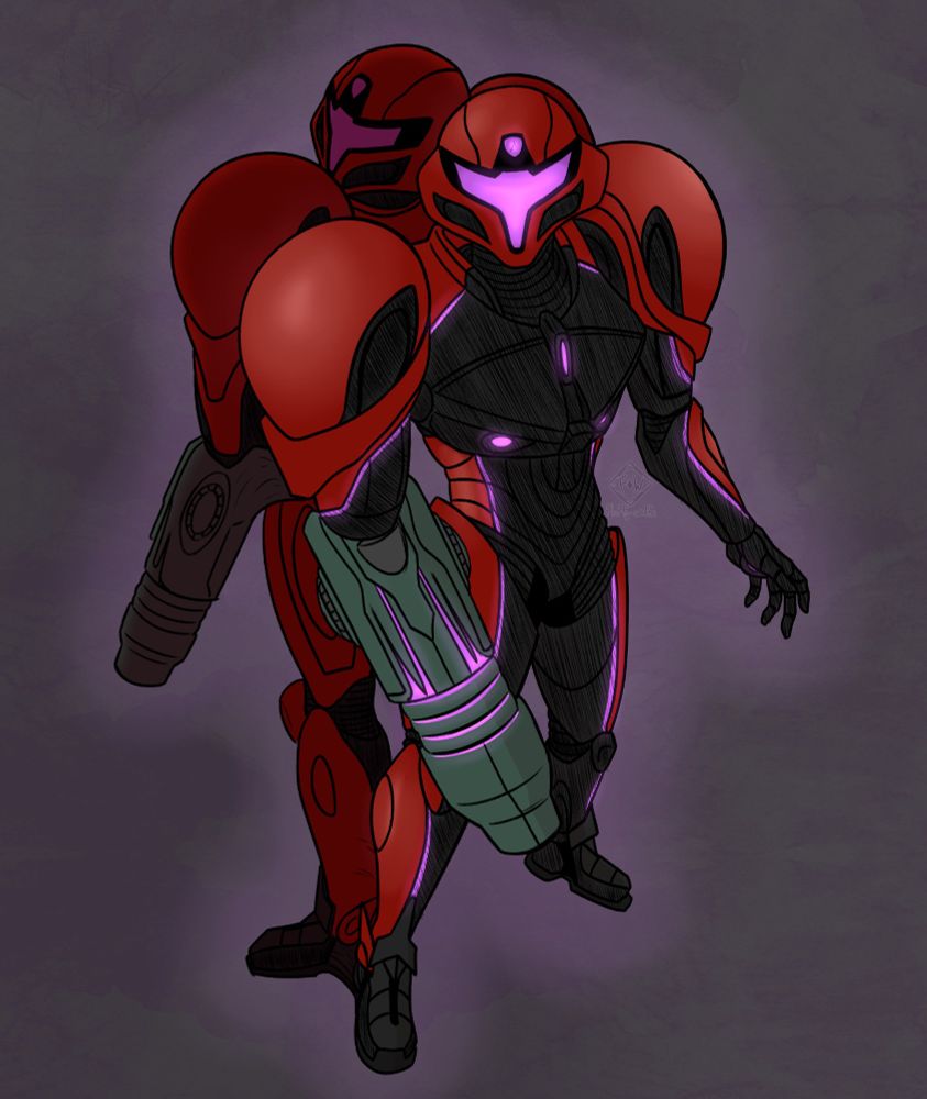 A digitally colored sketch of Samus Aran from the Metroid series, specifically wearing her brand new red, purple, and black power suit from the Metroid Prime 4 trailer that was revealed in the Nintendo Direct on 3/27/2025. Samus is shown from an angled, top down perspective looking up towards the camera. Behind her is her reflection, but the reflected Samus is slightly looking back to Samus over her shoulder. The pose is meant to be a reference to Samus' pose in Metroid Prime 3: Corruption's North American box art.