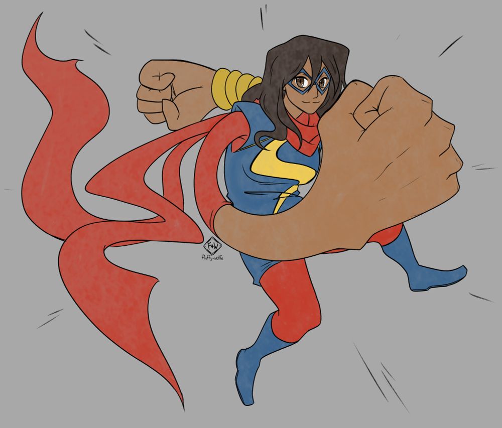 A digital full-body sketch of Ms. Marvel (Kamala Khan) in a dynamic pose, like as if she were jumping in the air, with her right fist expanded in front of her and her left fist expanded behind her. She has a grin on her face as she looks toward the viewer.
