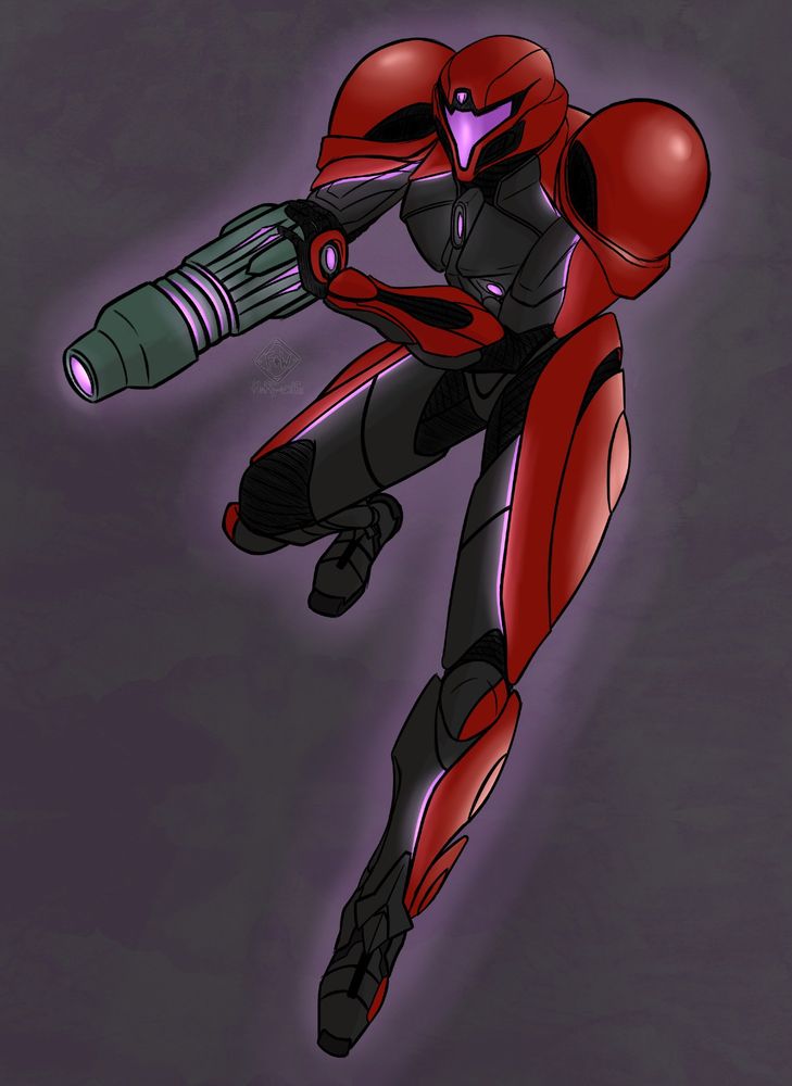 A digitally colored sketch of Samus Aran from the Metroid series, specifically wearing her brand new red, purple, and black power suit from the Metroid Prime 4 trailer that was revealed in the Nintendo Direct on 3/27/2025. Samus is shown in an action pose with her arm cannon prime to fire and her other hand on top of the arm cannon to aim. She appears as if she were shooting at an enemy mid-air. The pose is meant to be a reference to Samus' pose in Metroid Prime 2: Echoes' North American box art.