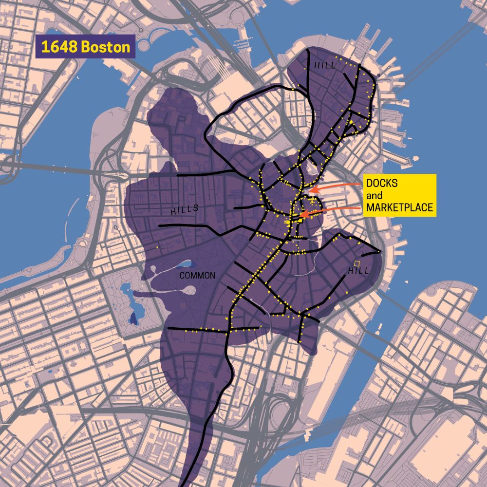 Map titled "1648 Boston" where the old shoreline, buildings, and streets are overlaid on a map of the modern city.