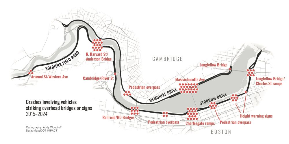 Map showing locations of vehicles striking overhead bridge structures on Storrow Drive/Soldiers Field Road and Memorial Drive in Boston and Cambridge, Massachusetts.