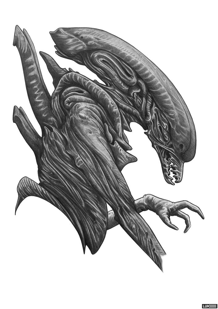 Xenomorph concept. Side view, waist up. 2B graphite on 110gsm A3 paper. Edited in ‘KRITA’ 