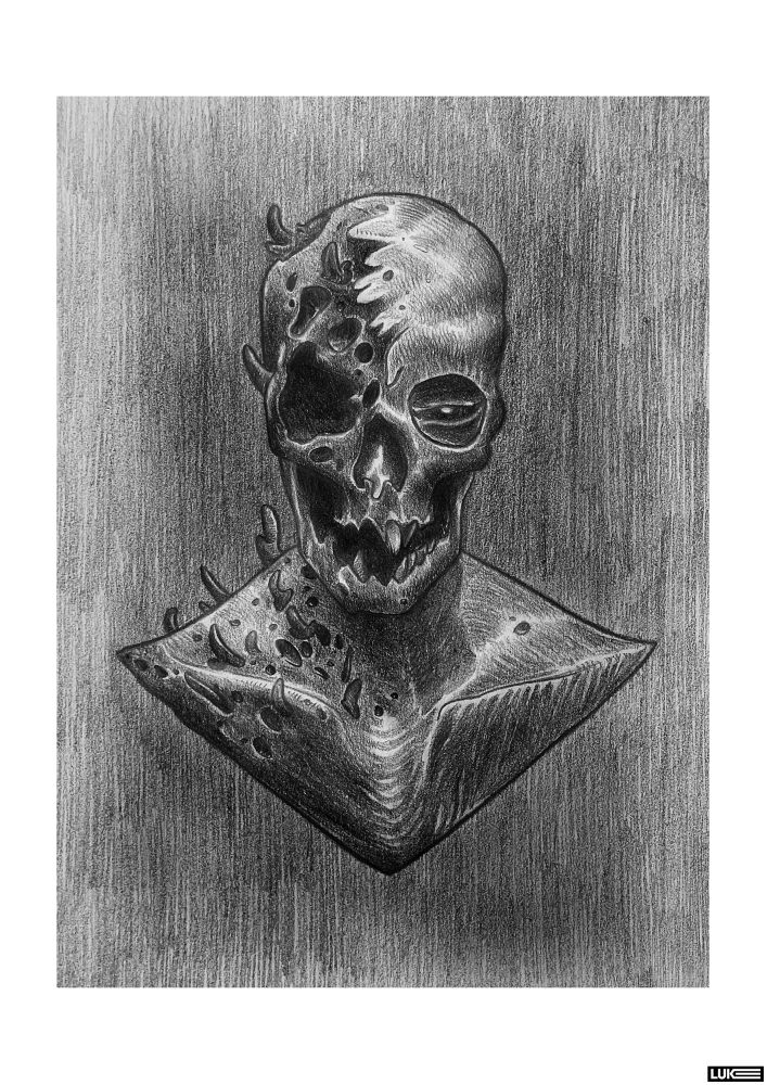 Zombie portrait, 2B graphite on 110gsm paper. A rotting head, flesh peeling no away, fungus and mold throughout 