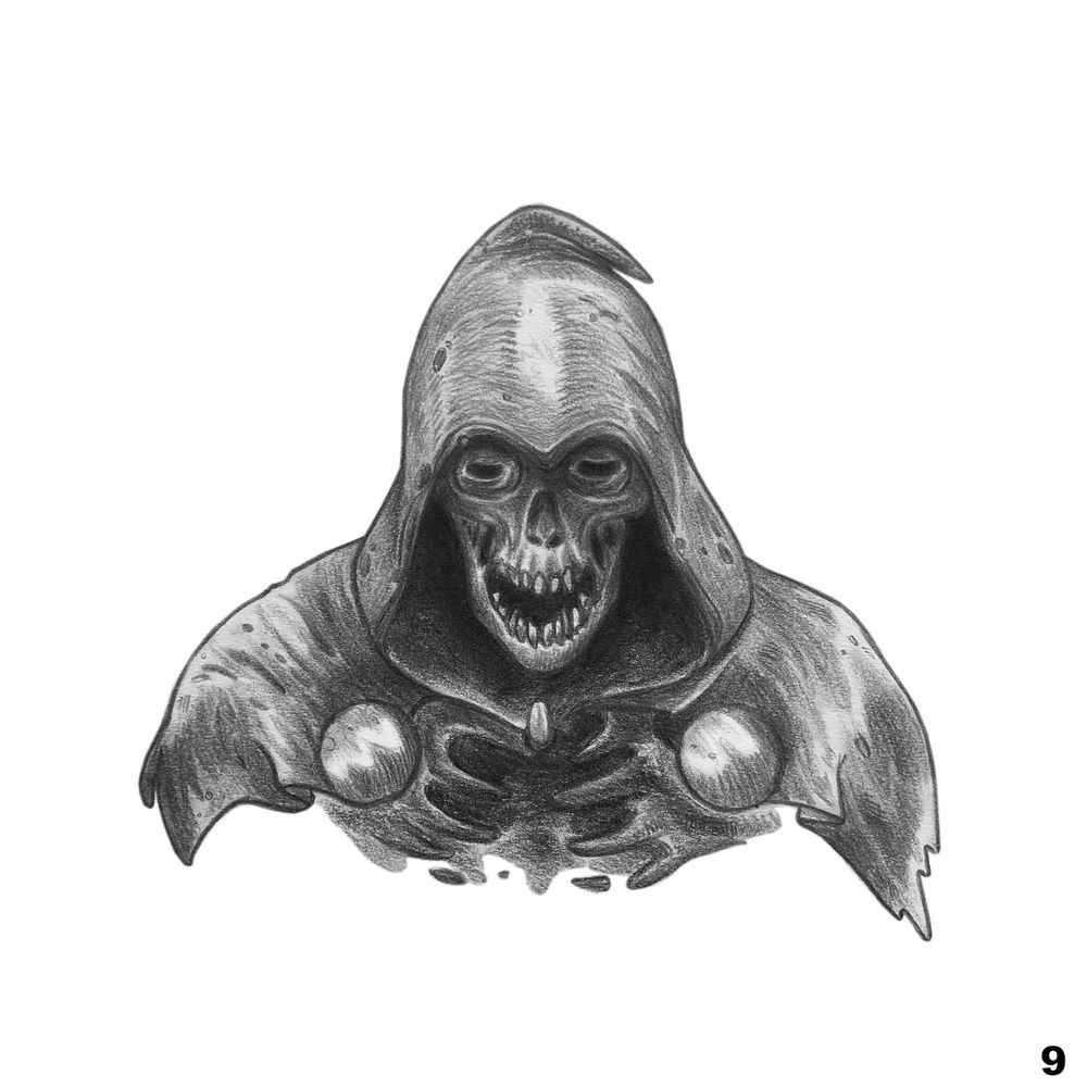 A portrait of Taskmaster from Marvel but as a Zombie. Broken ribs, mummified, emaciated face, hooded and mysterious. 2-4B  pencil on 110gsm paper. Edited in Photoshop. 