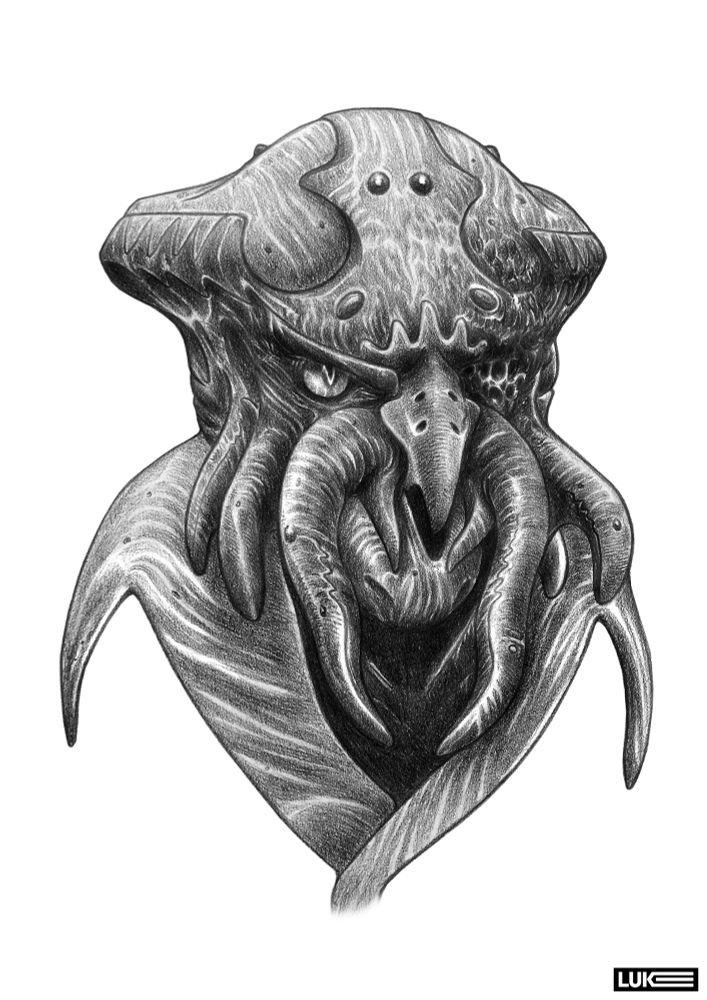 The Space Pirate Commodore. A feared and respected member of the Galaxy’s syndicates. He’s seen better days, missing an eye and scared from battle. 2-4B graphite on 110gsm paper. 