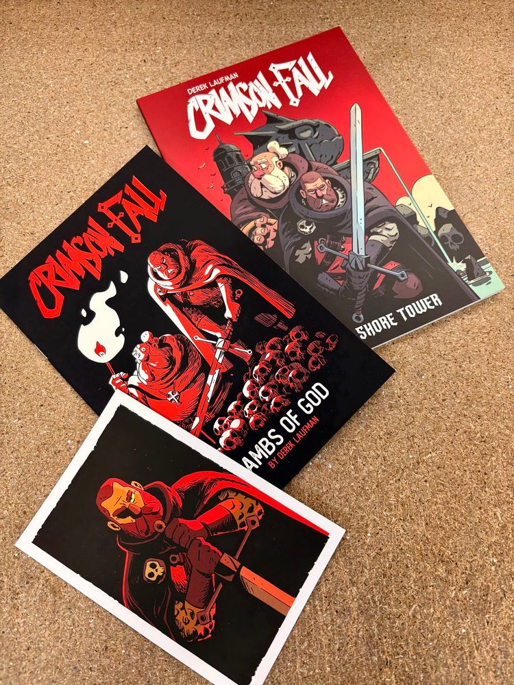 My mail from Derek Laufman. ‘Crimson Fall - Lambs of God’ comic and ‘Crimson Fall - The Shore Tower TPB’. Plus ‘Sir Duncross’ art card.