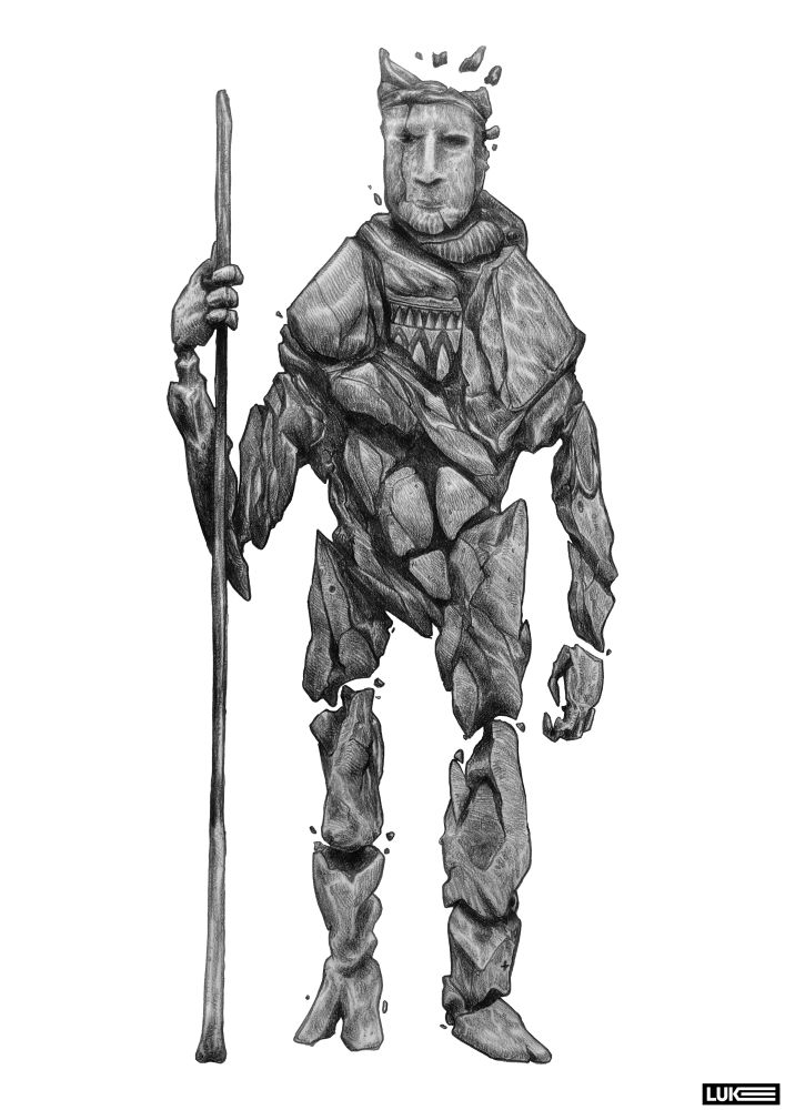 The Deacon. Part of a new universe of characters and creatures I’m currently working on in my spare time. Creatures made of stone brought to life by a magical event years in the past. Pencil on 110gsm paper. Edited in ‘Photoshop’