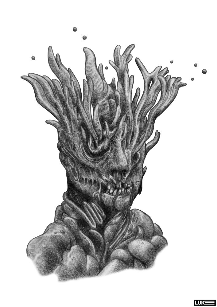 A black and white, graphite portrait of a man. He’s been completely consumed by some kind of fungus. What’s left of his human form has fungi growing from every surface. He’s been gone a long time. 2-4B graphite on 110gsm paper. Edited in ‘Photopea’.
