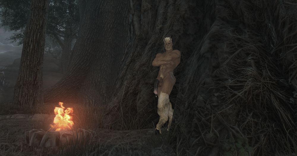 A naked satyr beef leaning against a tree, giving you a look that is welcoming, and also...hungry...